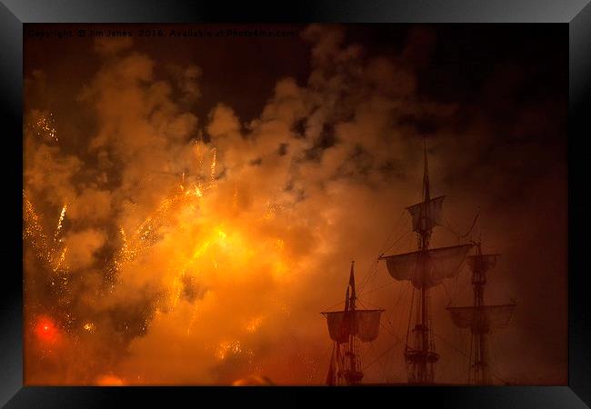 Ghost ships through fireworks Framed Print by Jim Jones