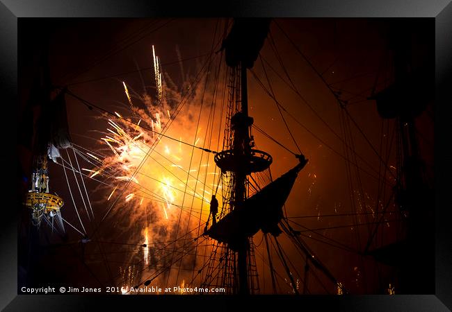 Fireworks and Tall Ships 2 Framed Print by Jim Jones