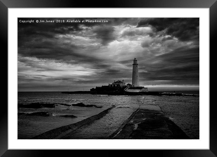 St Mary's Lighthouse and Island in B&W Framed Mounted Print by Jim Jones