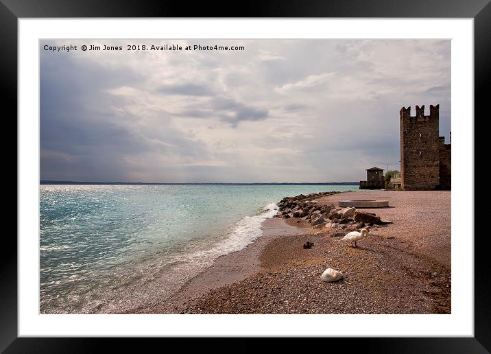 Sirmione public beach and Scaliger Castle Framed Mounted Print by Jim Jones