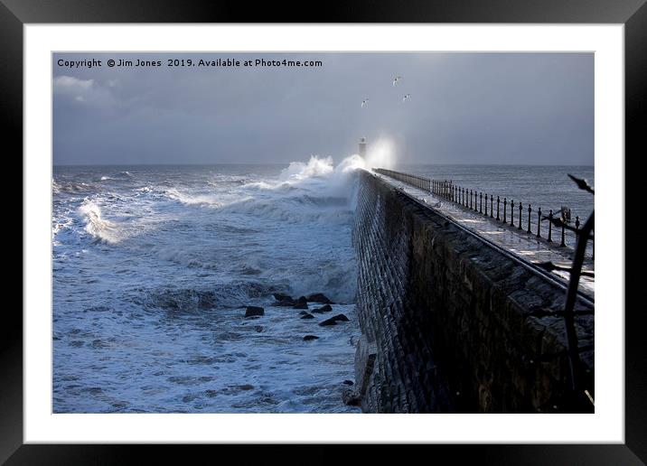Rough sea against Tynemouth Pier Framed Mounted Print by Jim Jones