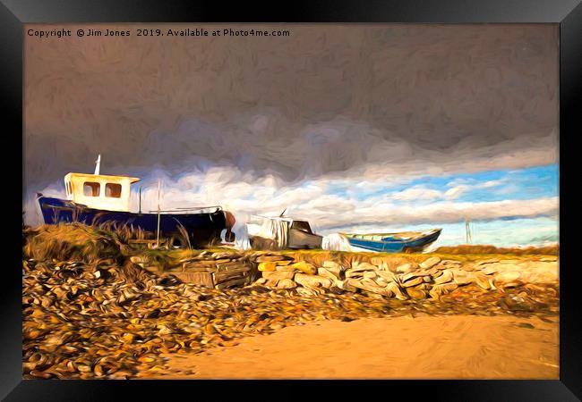 Artistic Boatyard under a stormy sky Framed Print by Jim Jones