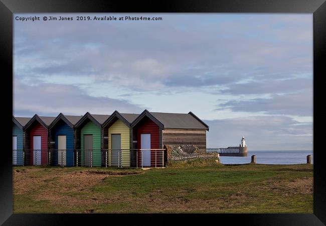 Colourful beach huts at Blyth, Northumberland. Framed Print by Jim Jones