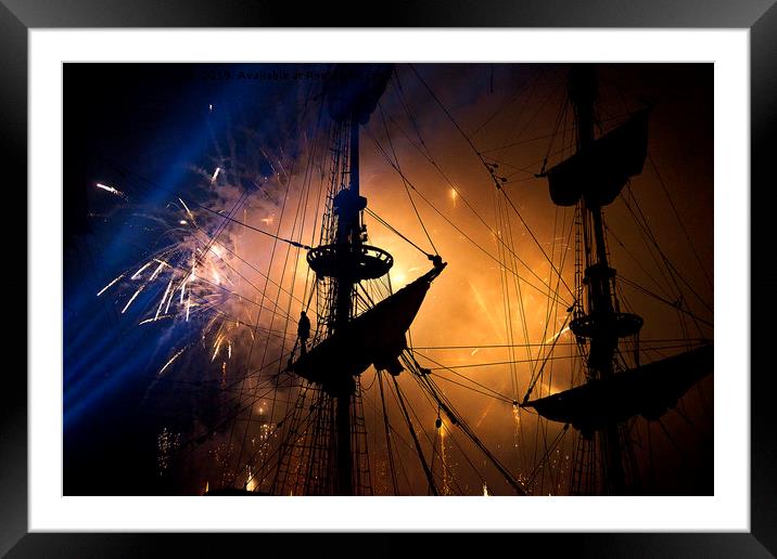 Fireworks behind the Yardarm Framed Mounted Print by Jim Jones