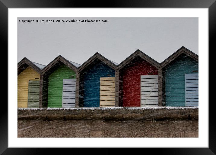 Beach Huts for hire - Heating recommended Framed Mounted Print by Jim Jones