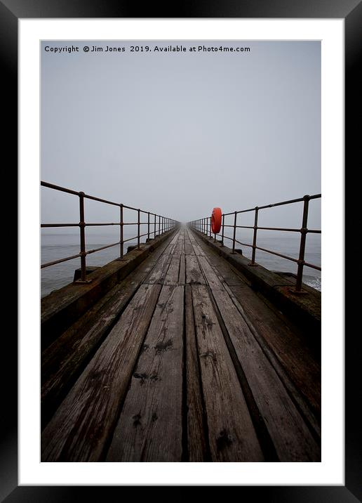 Wooden pier disappearing into the fog Framed Mounted Print by Jim Jones