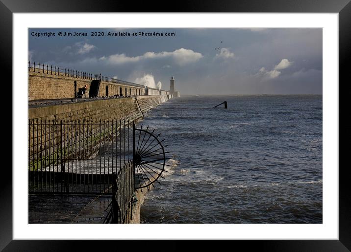 Waves splashing over Tynemouth Pier Framed Mounted Print by Jim Jones