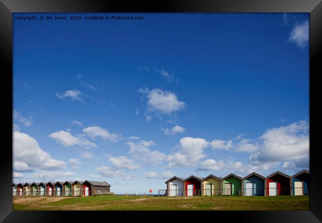 Big Blue Sky and Beautiful Blyth Beach Huts Framed Print by Jim Jones
