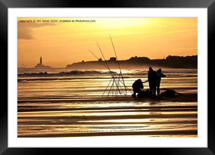 Fishermen on the beach at sunrise Framed Mounted Print by Jim Jones