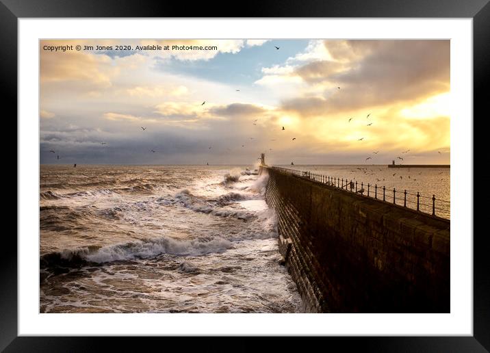 Stormy weather at Tynemouth Pier Framed Mounted Print by Jim Jones