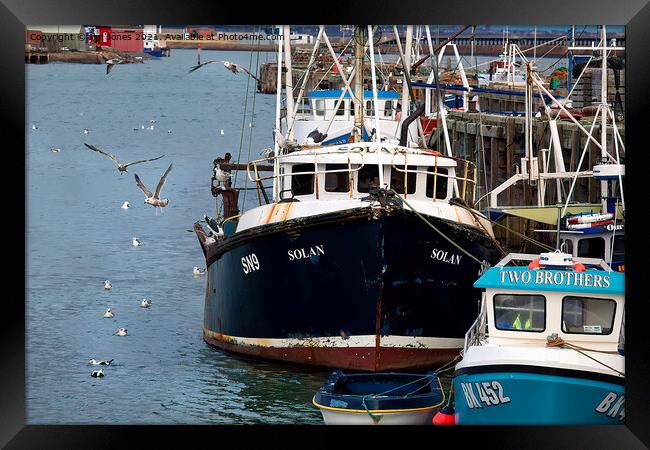  Fishing boats and seagulls Framed Print by Jim Jones