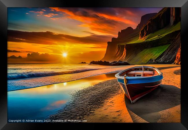 A Small Boat Moored at Sunset Framed Print by Adrian Evans