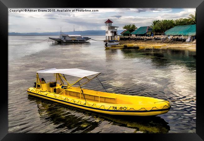Yellow Tour Boat Nalusuan Island Philippines Framed Print by Adrian Evans