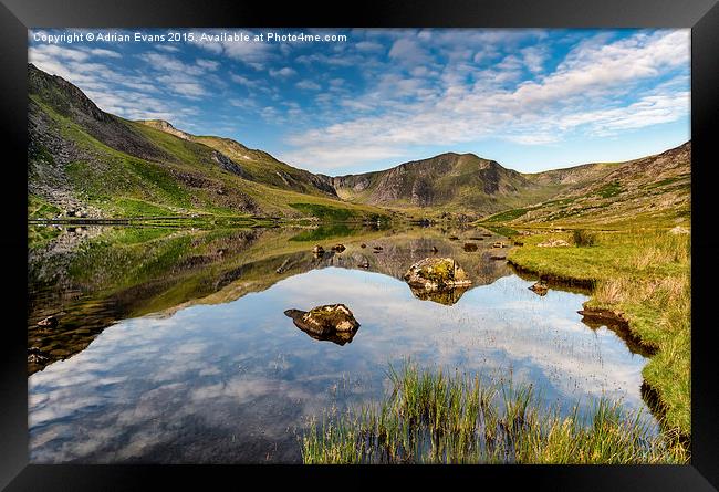 Mountain Reflection Llyn Ogwen Snowdonia  Framed Print by Adrian Evans