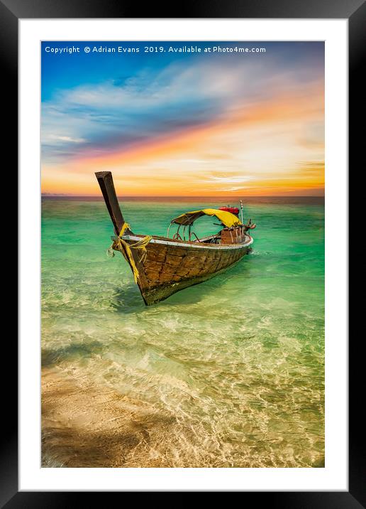 Longtail boat Sunset Thailand  Framed Mounted Print by Adrian Evans