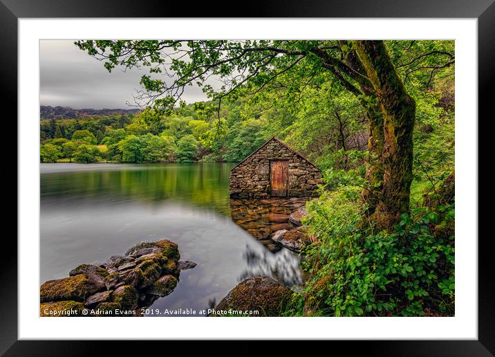 Gwynant Lake Boat House Framed Mounted Print by Adrian Evans