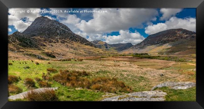 Tryfan and The Ogwen Valley Snowdonia  Framed Print by Adrian Evans