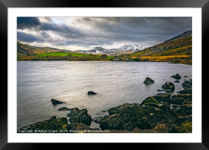 Mymbyr lake Snowdonia  Framed Mounted Print by Adrian Evans