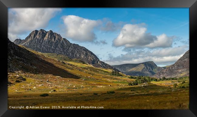 Tryfan and Ogwen Valley Snowdonia  Framed Print by Adrian Evans