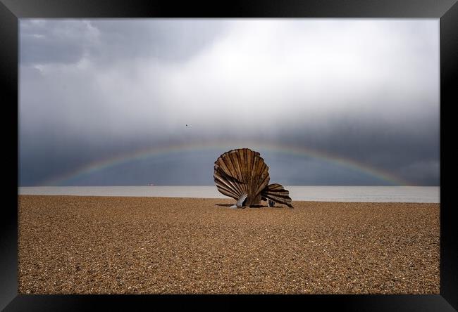 A rainbow over The Scallop on Aldeburgh beach  Framed Print by Gary Pearson
