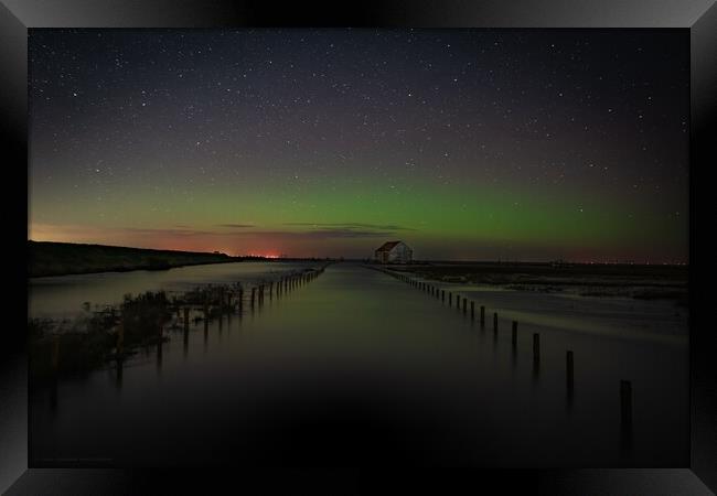 A high Spring tide and the Northern lights over the old coal barn Framed Print by Gary Pearson