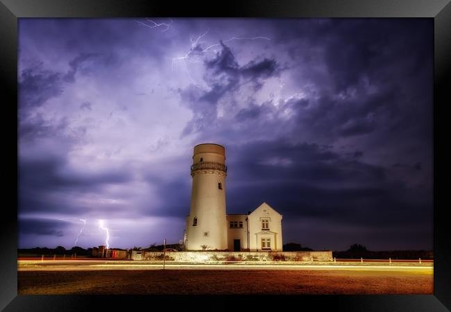 Lightning over the old lighthouse  Framed Print by Gary Pearson