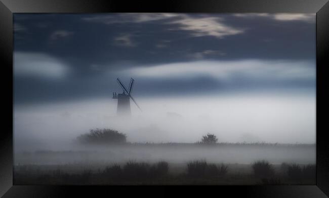 A misty moonlit Burnham Overy Staithe mill Framed Print by Gary Pearson