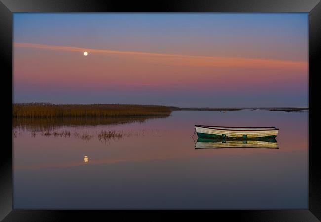A setting moon at Brancaster Staithe  Framed Print by Gary Pearson