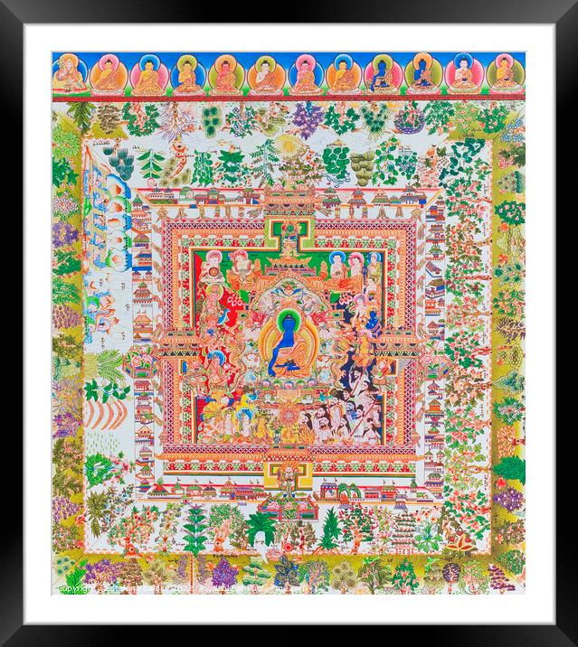 Medicine Buddha Mandala, the centre figure of Bhaisajyaguru repr Framed Mounted Print by stefano baldini