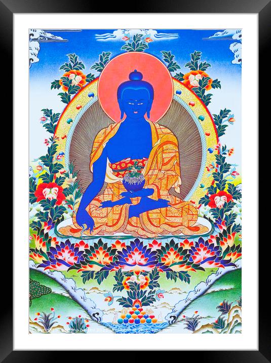 Image depicting the medicine Buddha, the supreme healer in monas Framed Mounted Print by stefano baldini