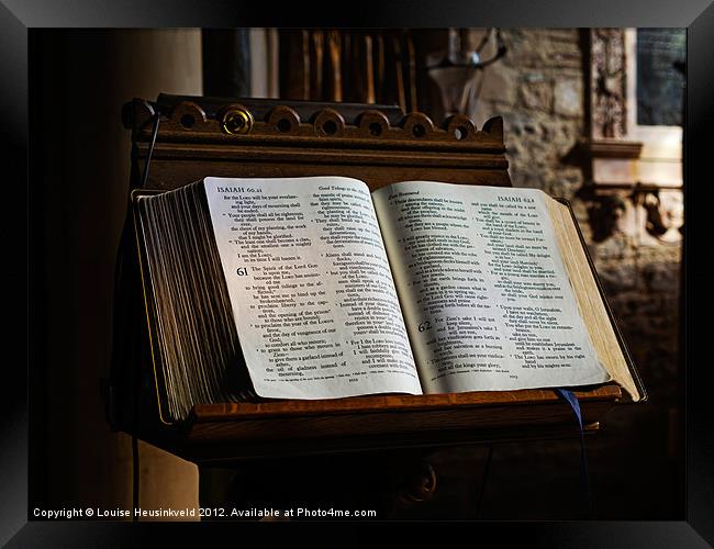 Bible open on a lectern Framed Print by Louise Heusinkveld