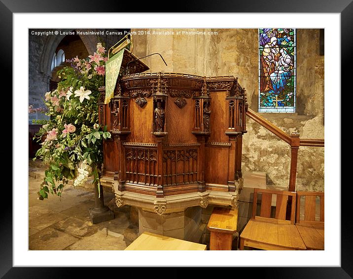 Elaborate wood carvings on the pulpit in St Andrew Framed Mounted Print by Louise Heusinkveld