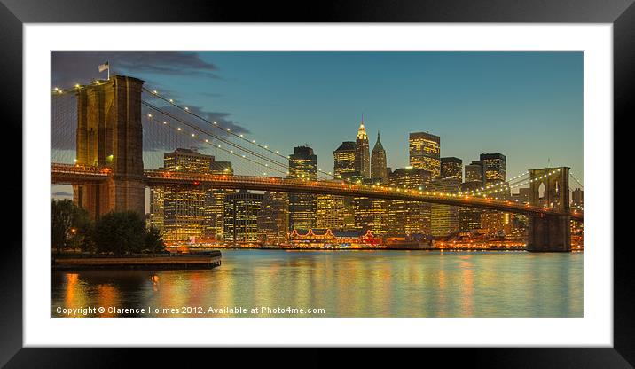 Brooklyn Bridge Twilight Panoramic Framed Mounted Print by Clarence Holmes