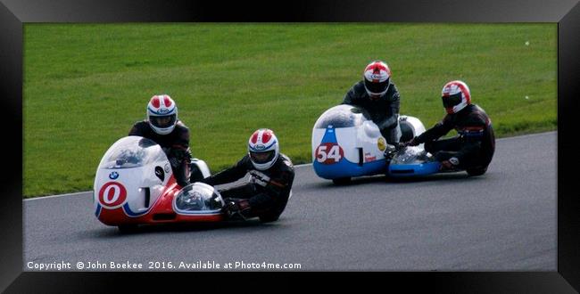 Racing sidecar at Snetterton racetrack  Framed Print by John Boekee