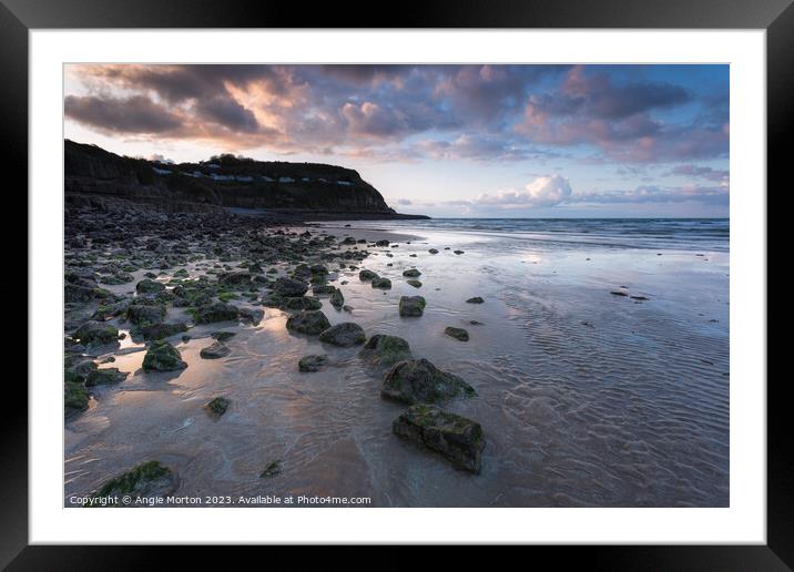 Benllech Beach Sunset Rocks I Framed Mounted Print by Angie Morton