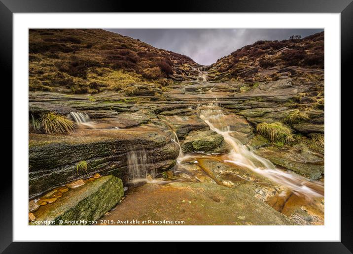 Crowden Clough Cascade Framed Mounted Print by Angie Morton