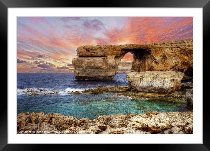 The Azure window at Sunset Gozo Malta Framed Mounted Print by Diana Mower