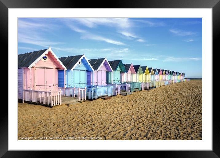 West Mersea Beach Huts Framed Mounted Print by Diana Mower