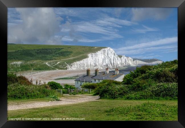 Seven Sisters and Cuckmere Haven beach. Framed Print by Diana Mower