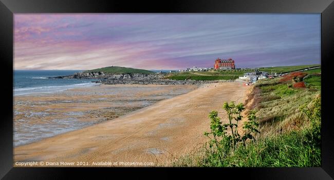 Fistral Beach and Towan head Panoramic Framed Print by Diana Mower
