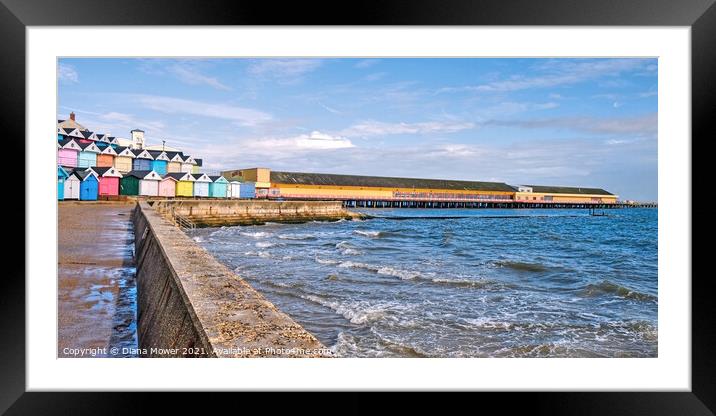 Walton Pier prom and Beach Huts Framed Mounted Print by Diana Mower