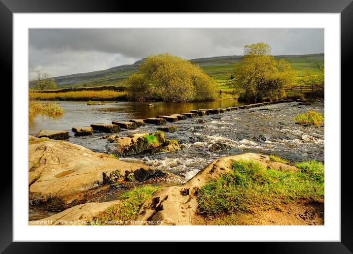 River Doe Stepping stones in the Dales Framed Mounted Print by Diana Mower