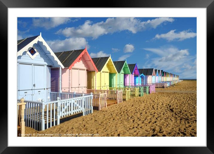 West Mersea Beach Huts Framed Mounted Print by Diana Mower