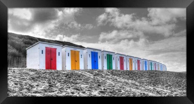 Woolacombe Beach Huts Selective Colour Panoramic Framed Print by Diana Mower