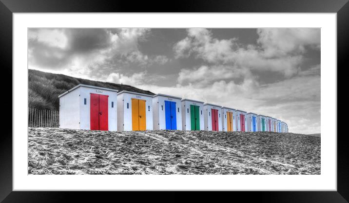 Woolacombe Beach Huts Selective Colour Panoramic Framed Mounted Print by Diana Mower