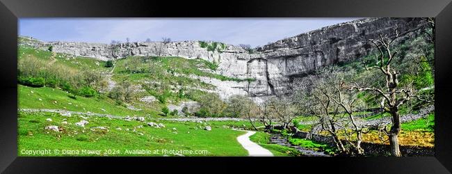 Malham Cove and beck Panoramic View Framed Print by Diana Mower