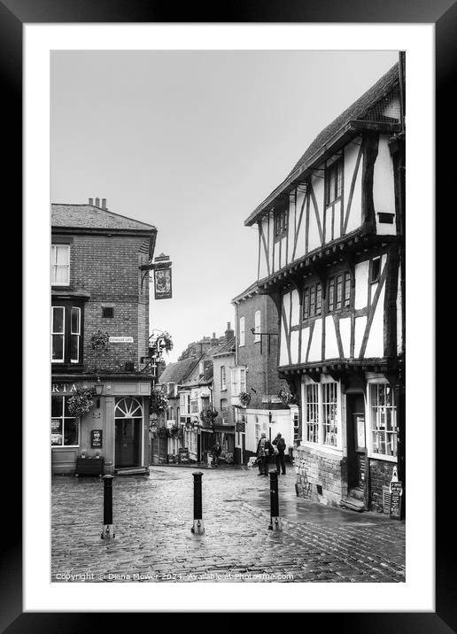 Lincoln Cathedral Quarter Rainy Day Monochrome. Framed Mounted Print by Diana Mower