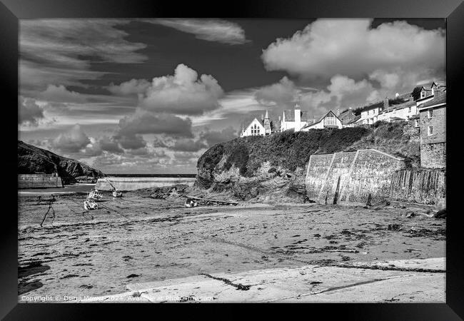 Port Isaac Harbour Monochrome Framed Print by Diana Mower