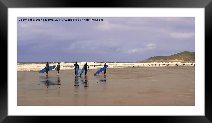 Surfers at  Woolacombe beach, Devon Framed Mounted Print by Diana Mower