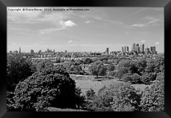 Greenwich park with London Skyline Framed Print by Diana Mower